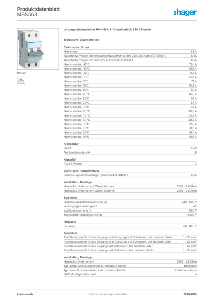Bild Hager Produktdatenblatt MBN563 | Hager Deutschland