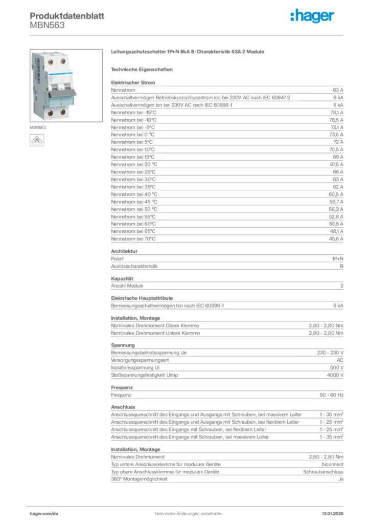 Bild Hager Produktdatenblatt MBN563 | Hager Deutschland