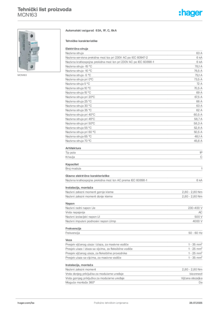 Slika Hager Product data sheet MCN163  | Hager