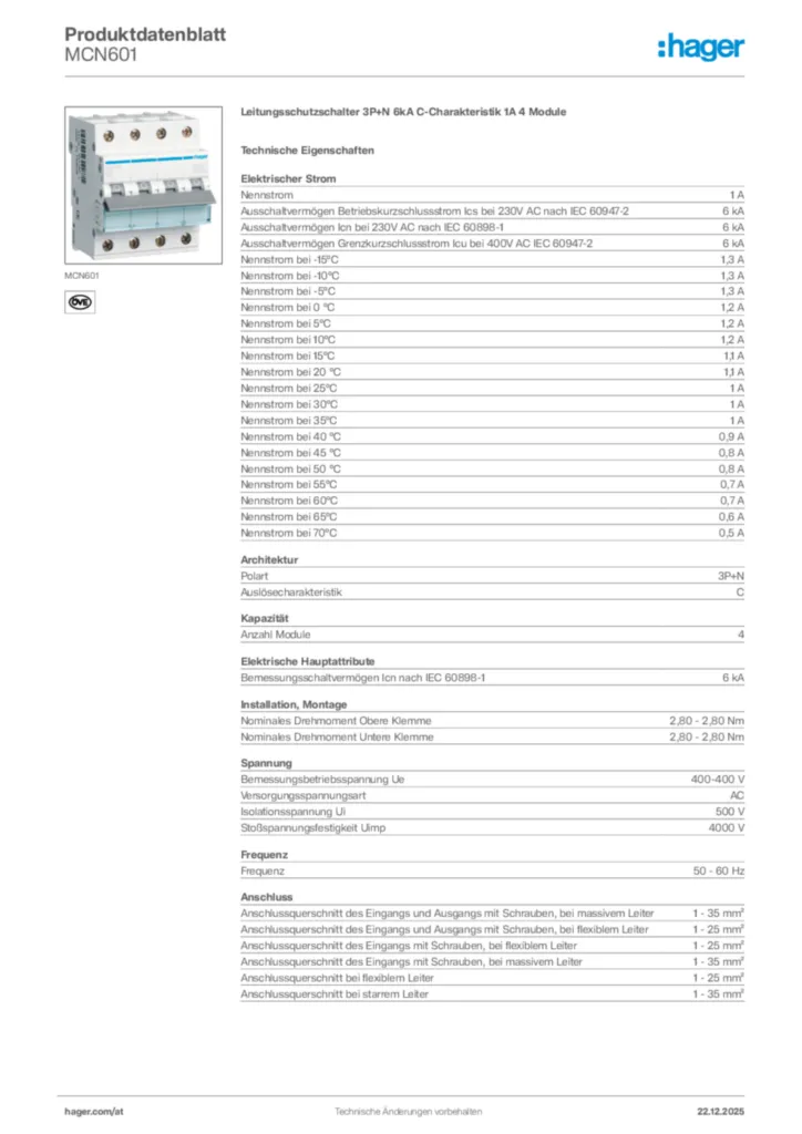 Bild Hager Produktdatenblatt MCN601 | Hager Deutschland