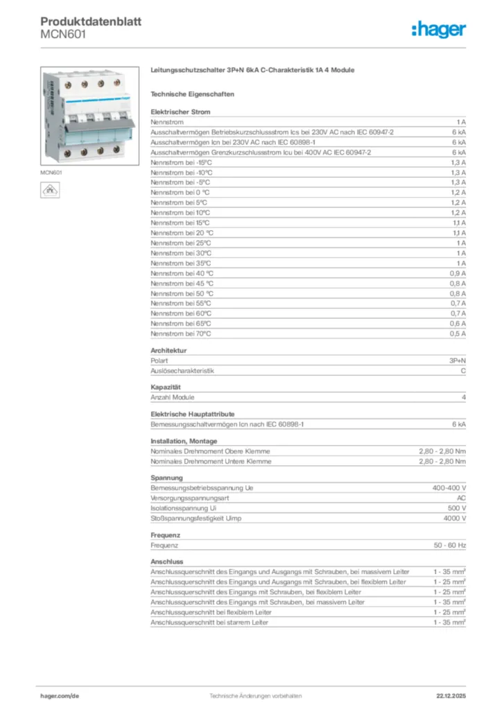Bild Hager Produktdatenblatt MCN601 | Hager Deutschland