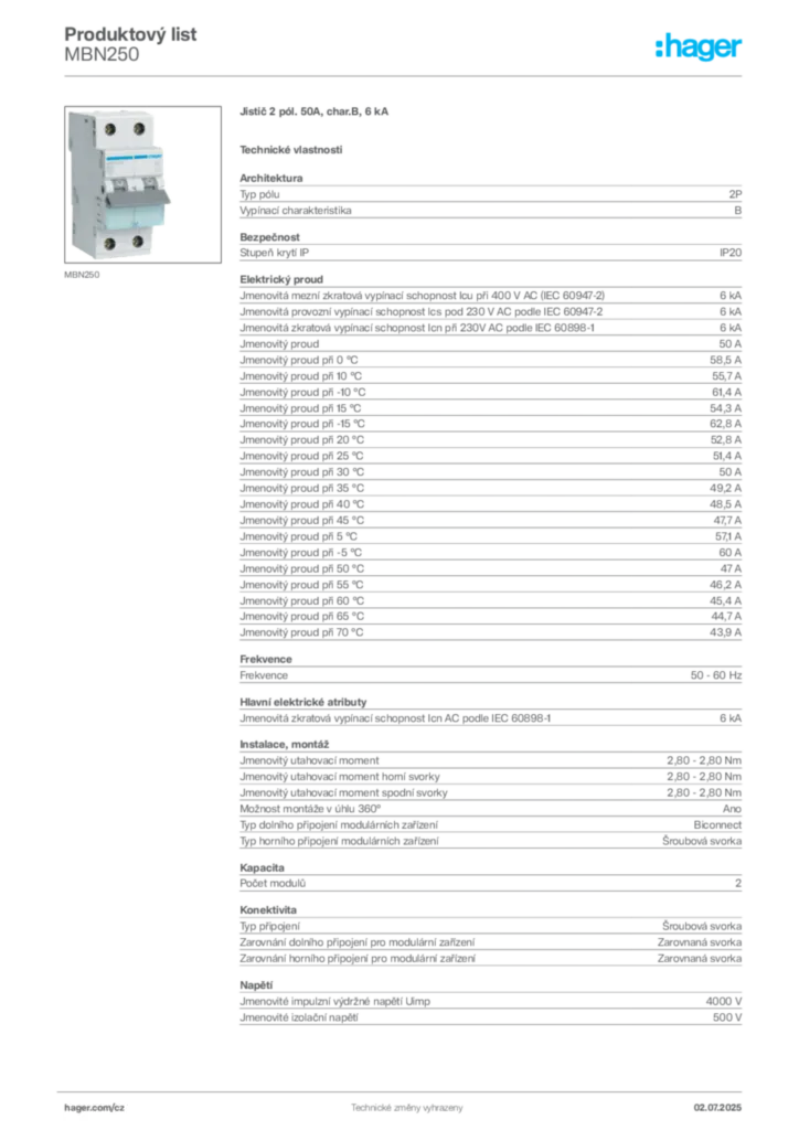 Obrázek Hager Product data sheet MBN250 | Hager