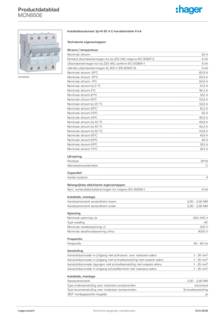 Afbeelding Hager Productdatablad MCN650E | Hager Nederland