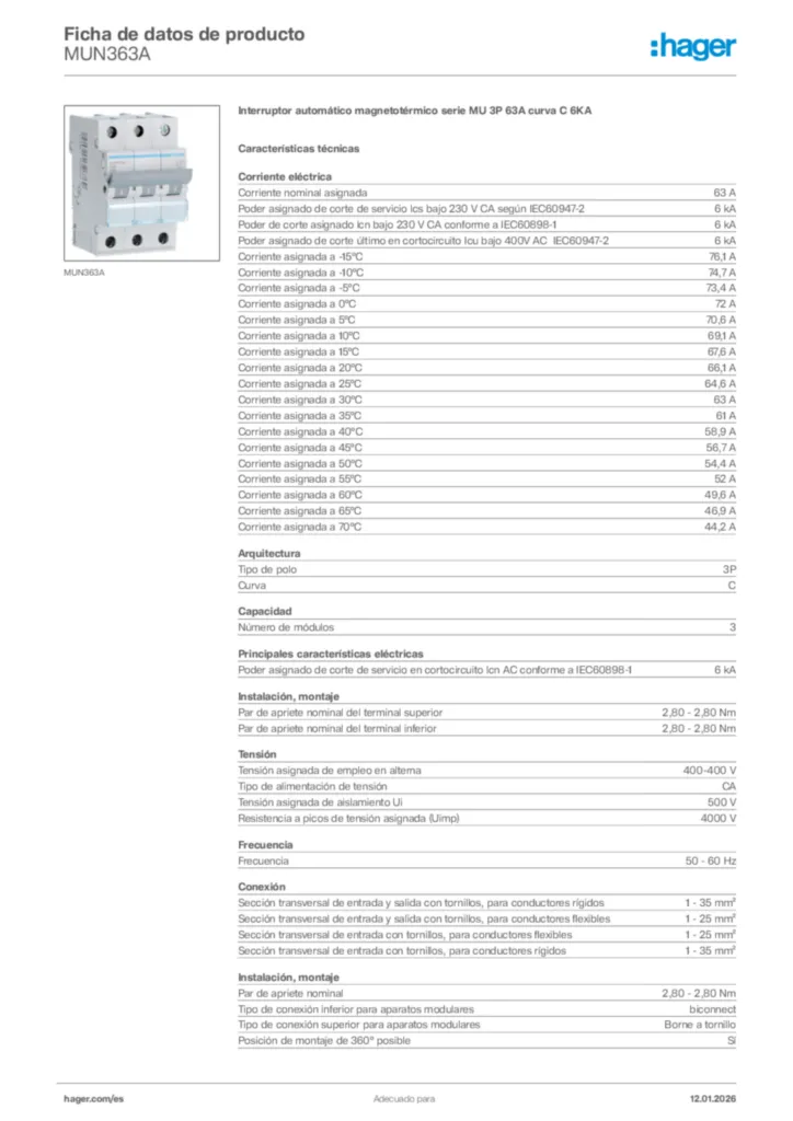 Imagen Hager Ficha de datos de producto MUN363A | Hager España