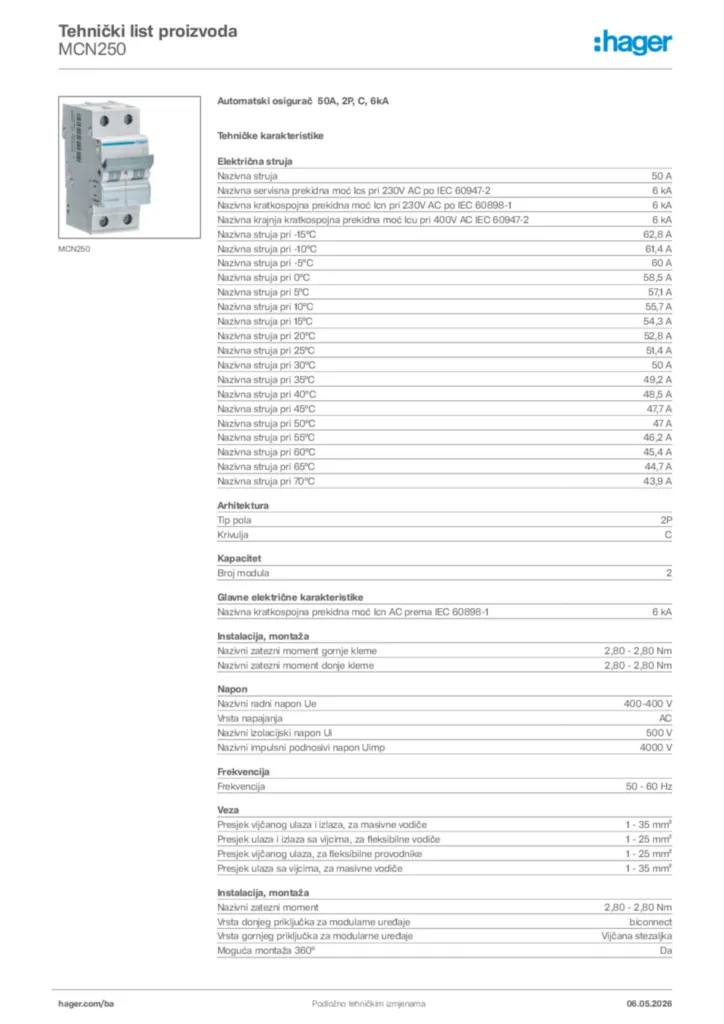 Slika Hager Tehnički list proizvoda MCN250  | Hager