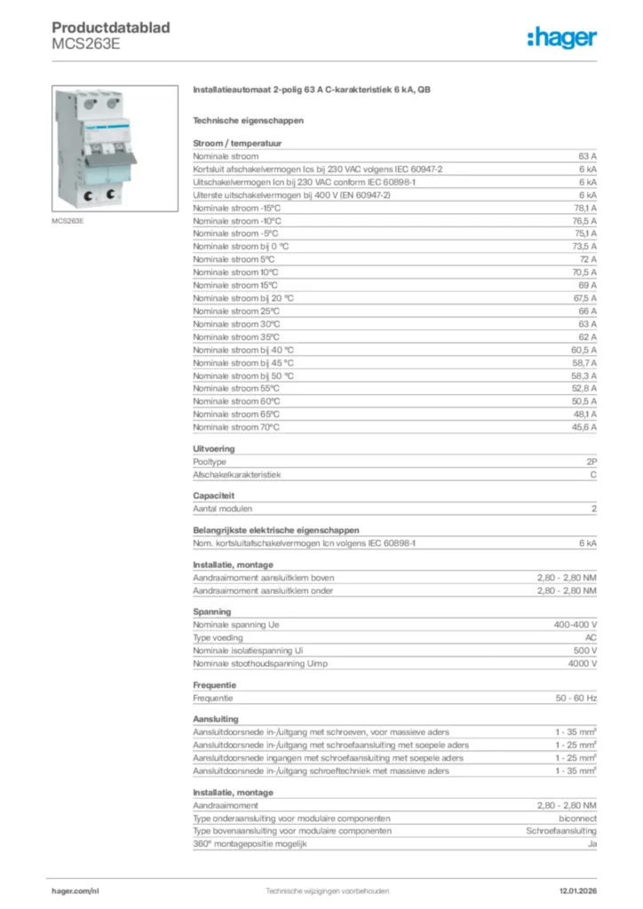Afbeelding Hager Productdatablad MCS263E | Hager Nederland
