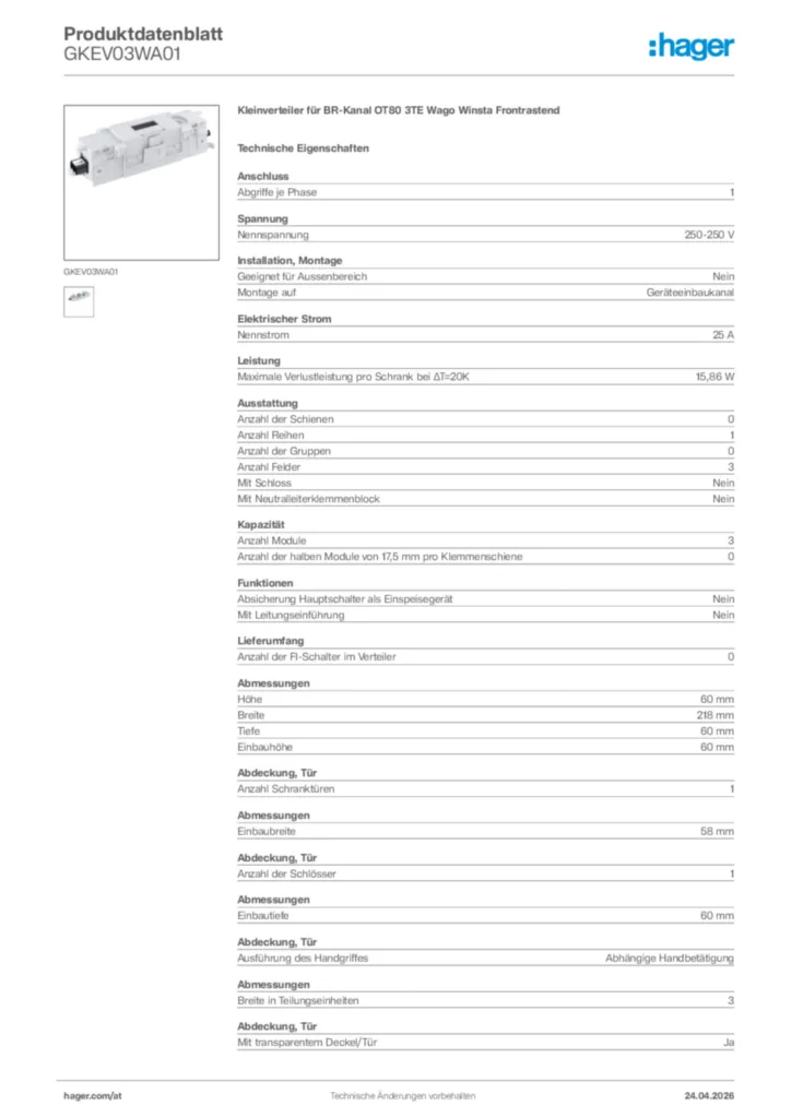 Bild Hager Produktdatenblatt GKEV03WA01 | Hager Deutschland