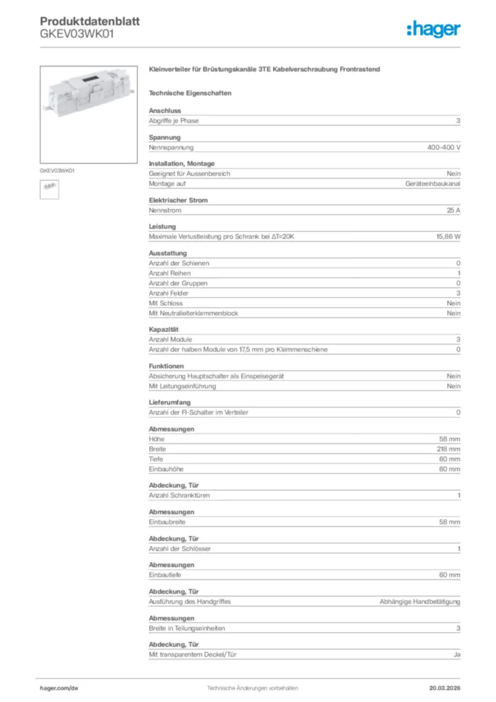 Bild Hager Produktdatenblatt GKEV03WK01 | Hager Deutschland