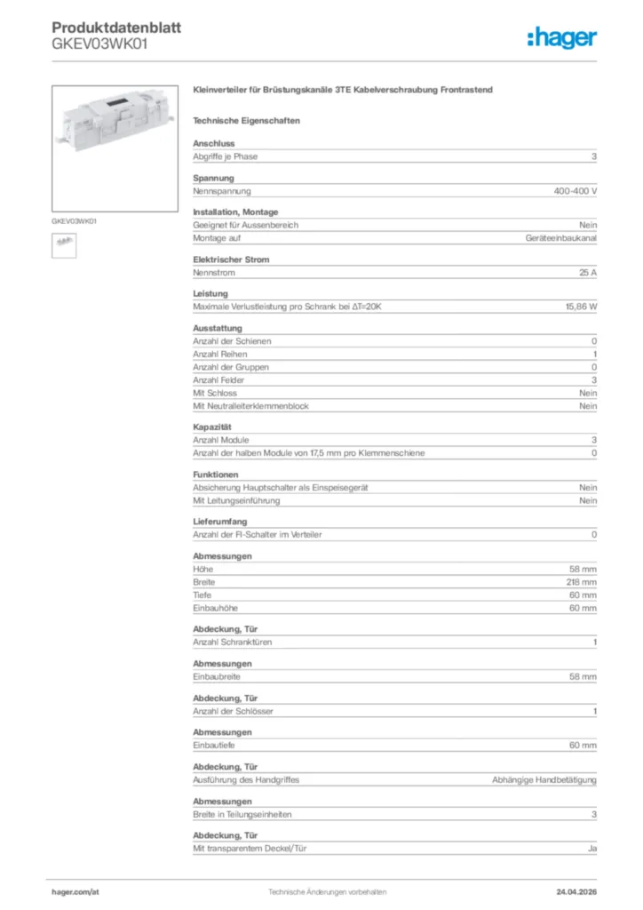 Bild Hager Produktdatenblatt GKEV03WK01 | Hager Deutschland