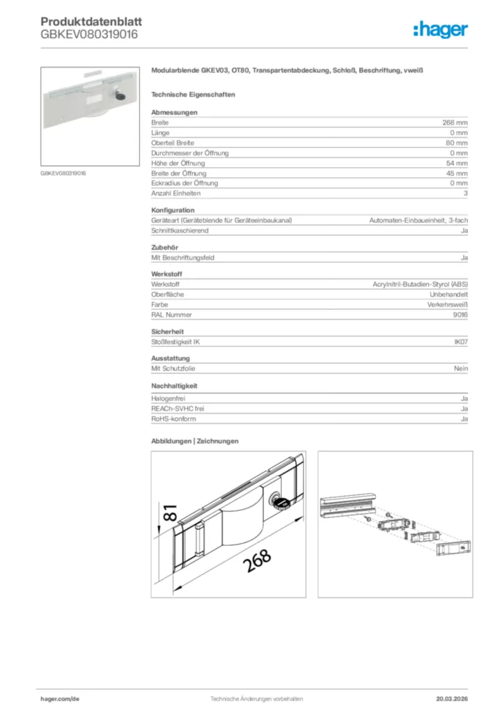 Bild Hager Produktdatenblatt GBKEV080319016 | Hager Deutschland