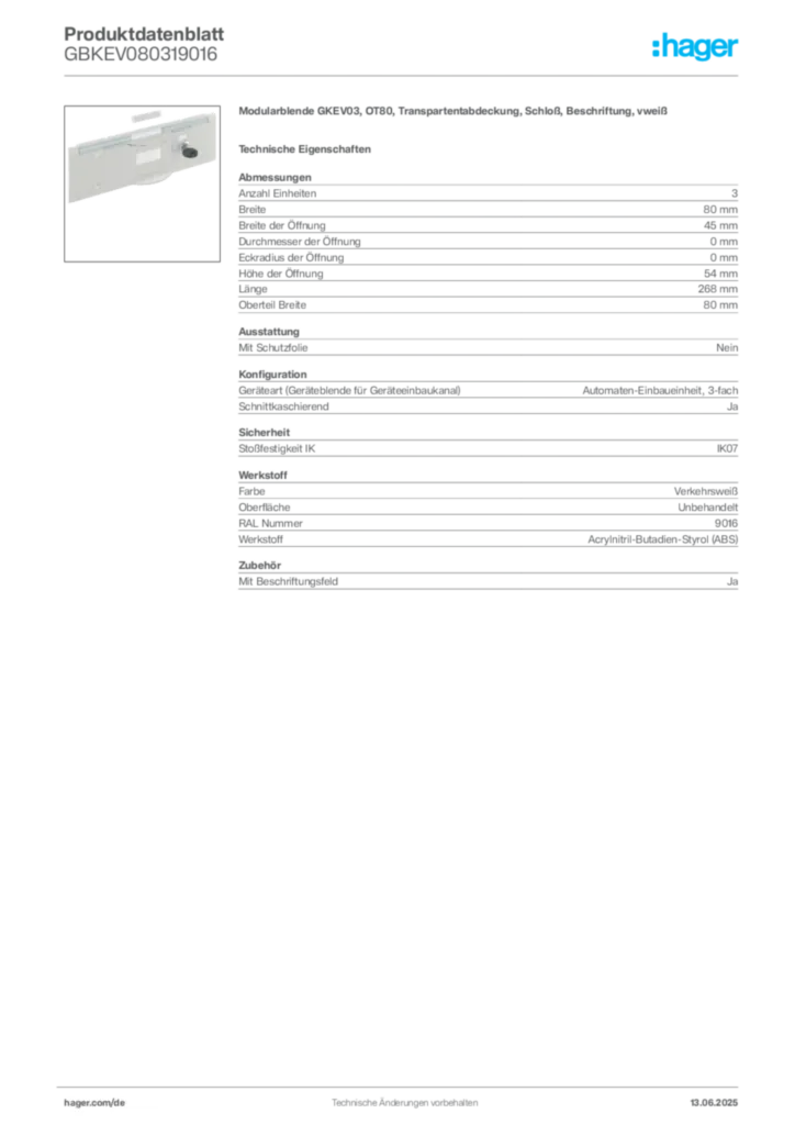Bild Hager Produktdatenblatt GBKEV080319016 | Hager Deutschland