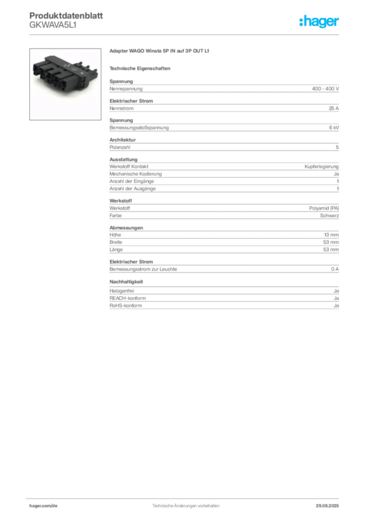 Bild Hager Produktdatenblatt GKWAVA5L1 | Hager Deutschland