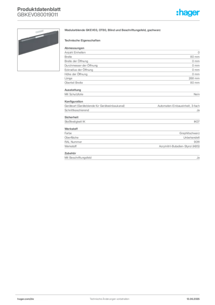 Hager Produktdatenblatt GBKEV080019011