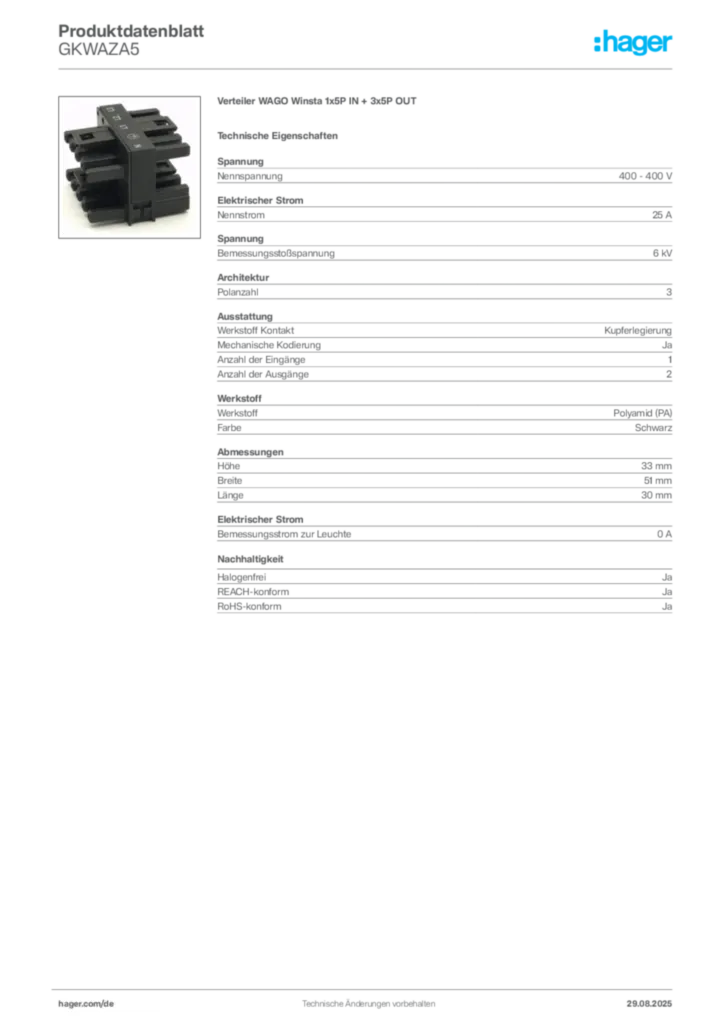 Bild Hager Produktdatenblatt GKWAZA5 | Hager Deutschland