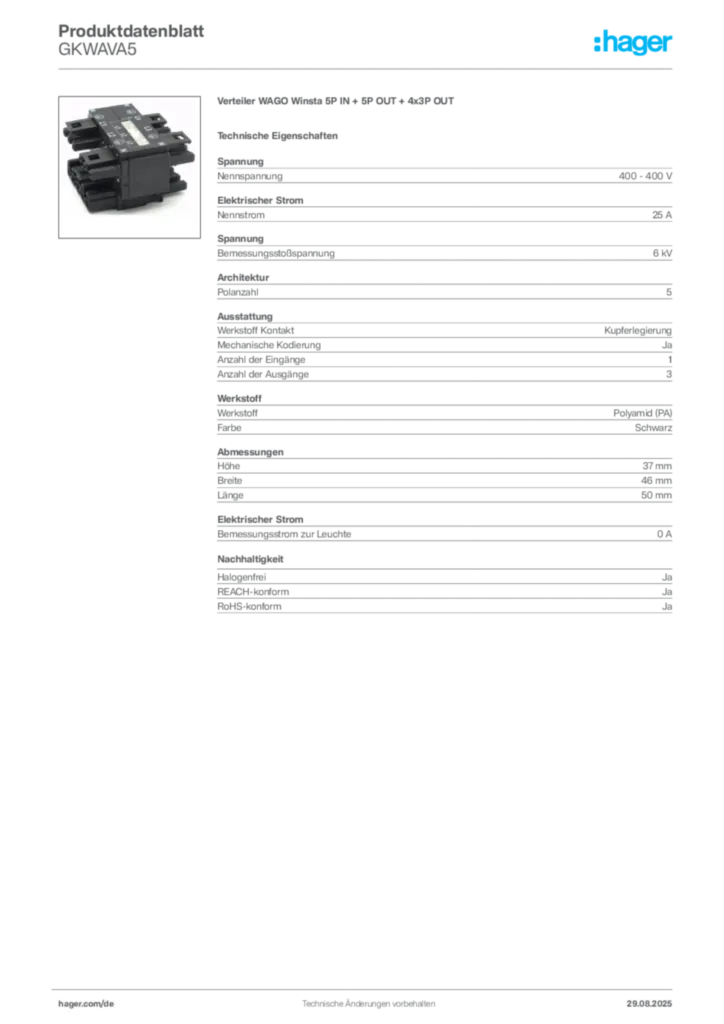 Bild Hager Produktdatenblatt GKWAVA5 | Hager Deutschland