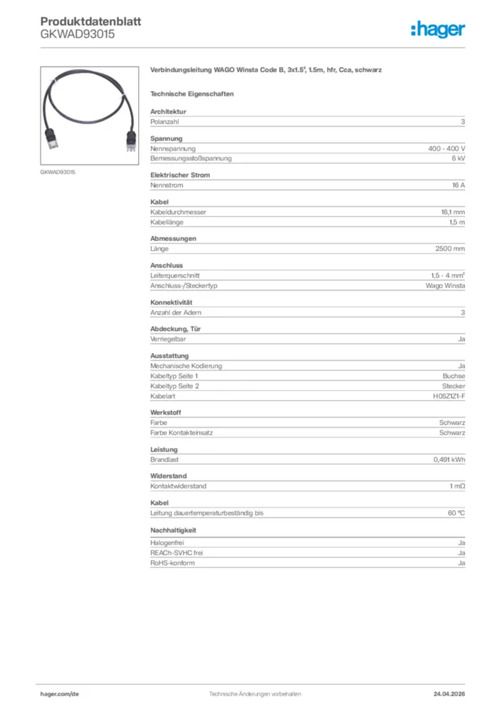 Bild Hager Produktdatenblatt GKWAD93015 | Hager Deutschland