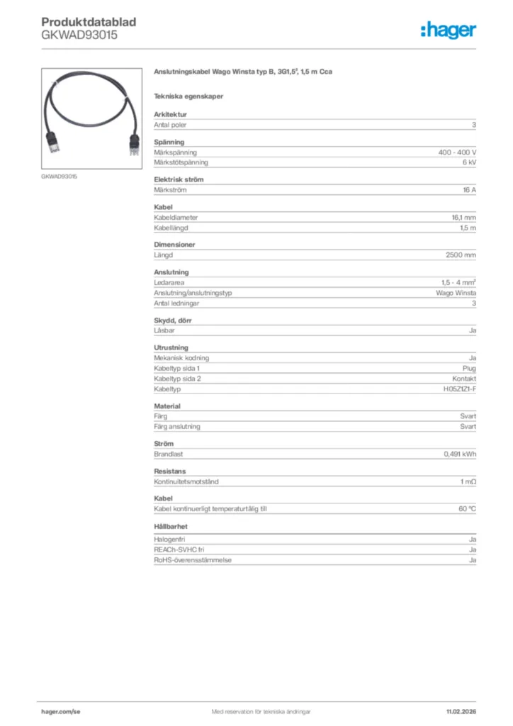 Bild Hager Produktdatablad GKWAD93015 | Hager Sverige