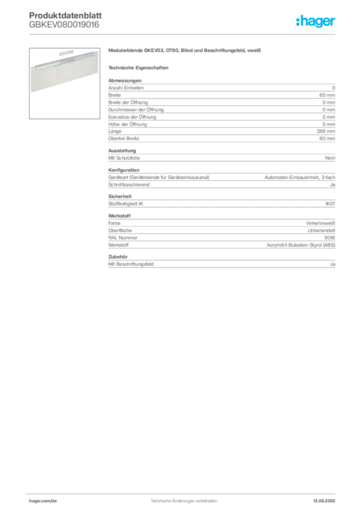 Hager Produktdatenblatt GBKEV080019016