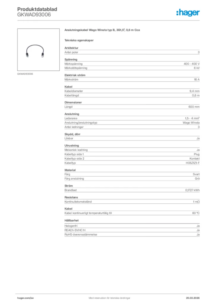 Bild Hager Produktdatablad GKWAD93006 | Hager Sverige