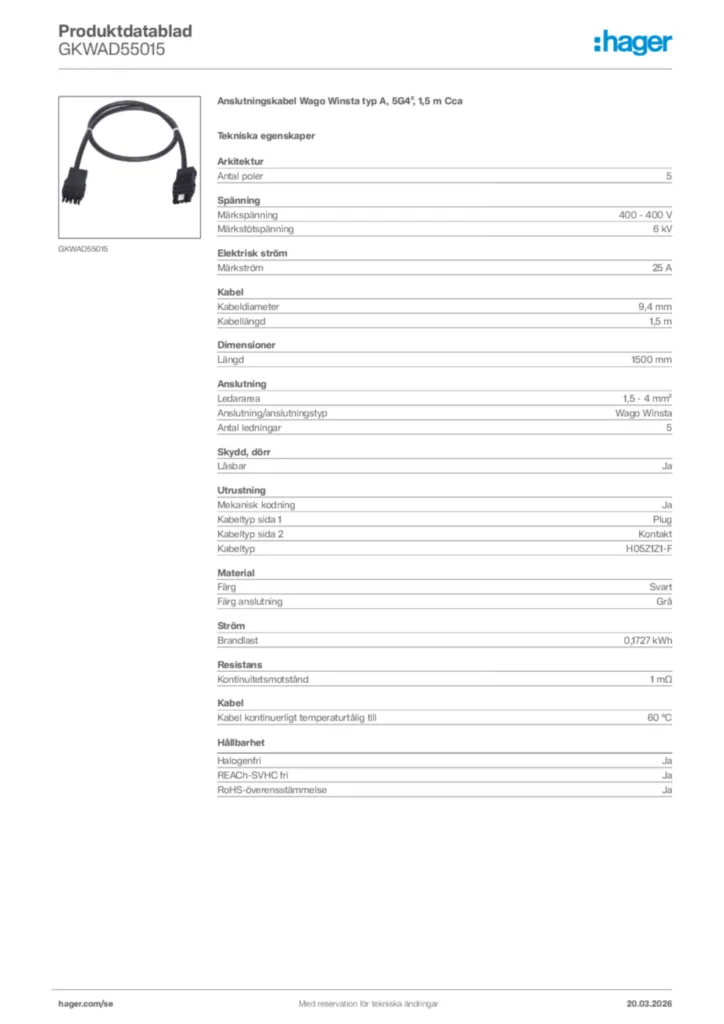 Bild Hager Produktdatablad GKWAD55015 | Hager Sverige