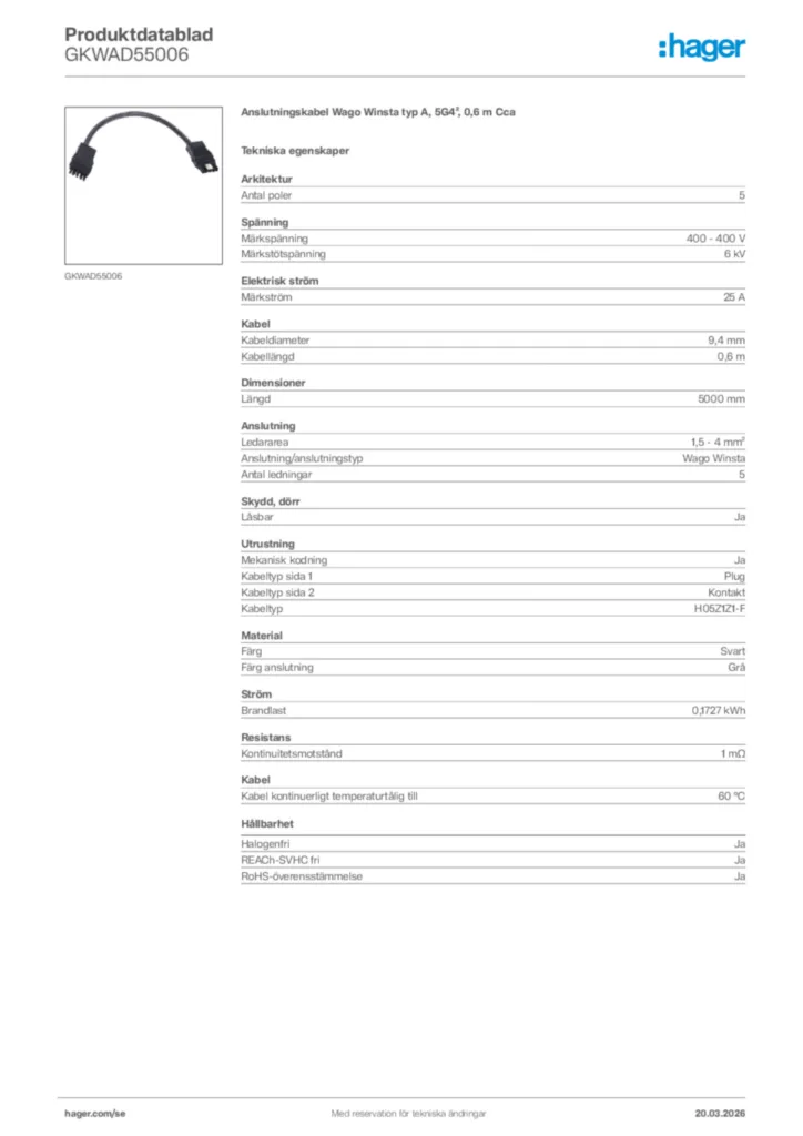 Bild Hager Produktdatablad GKWAD55006 | Hager Sverige