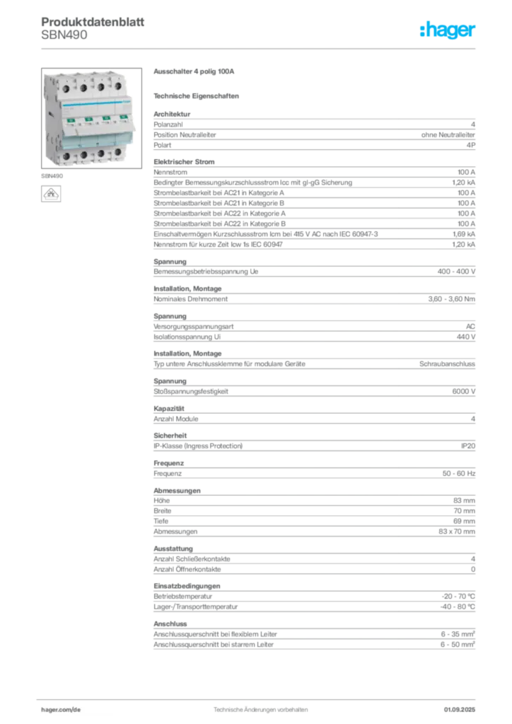 Hager Produktdatenblatt SBN490