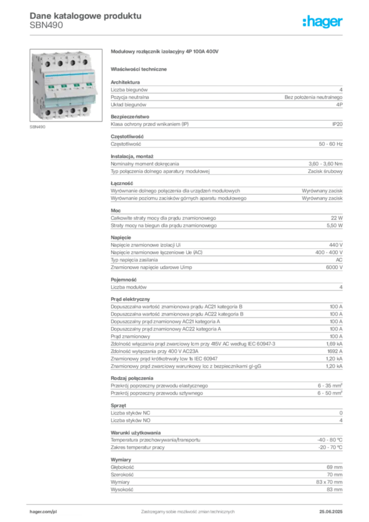 Zdjęcie Hager Dane katalogowe produktu SBN490 | Hager Polska