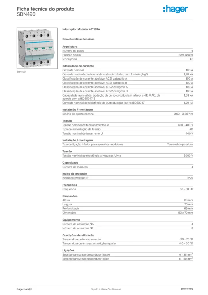 Imagem Hager Ficha técnica do produto SBN490 | Hager Portugal