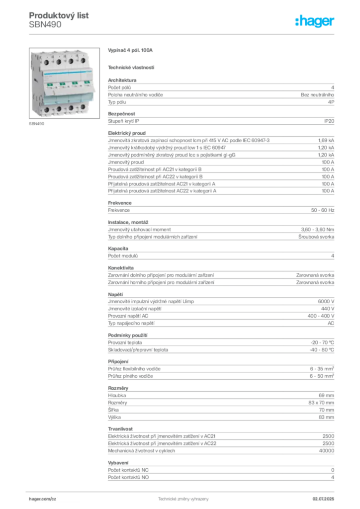 Obrázek Hager Product data sheet SBN490 | Hager