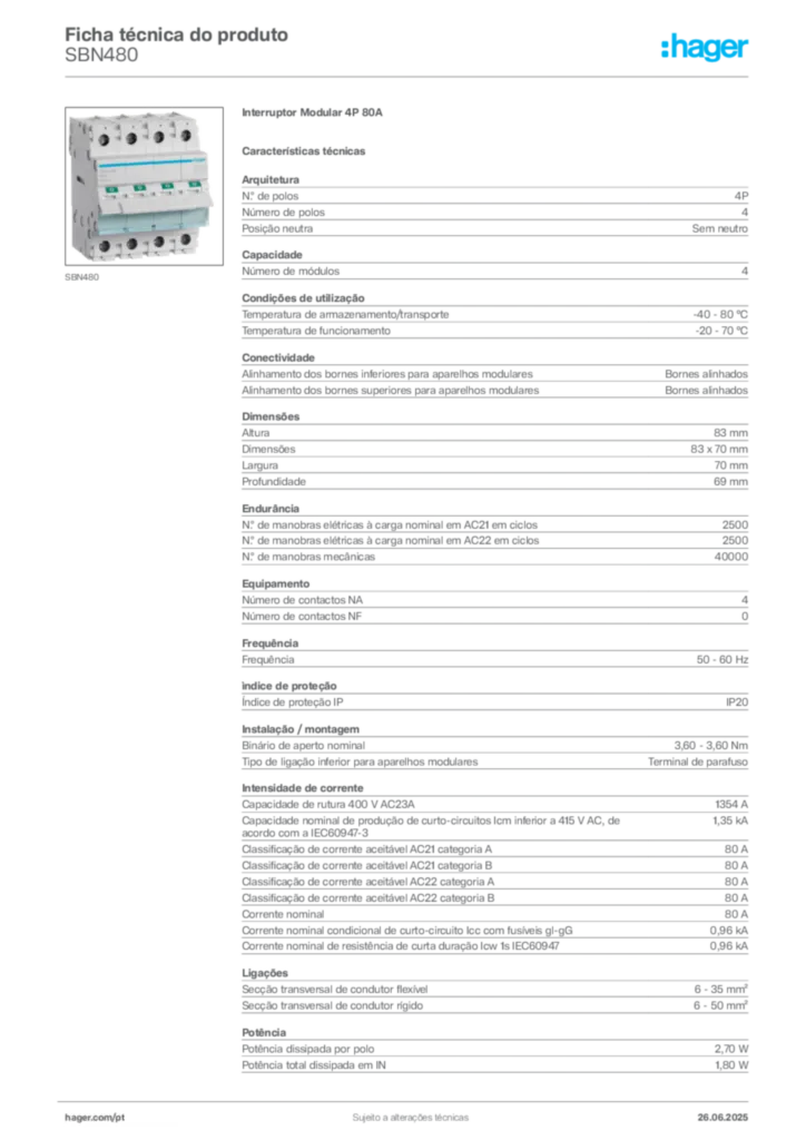 Imagem Hager Ficha técnica do produto SBN480 | Hager Portugal