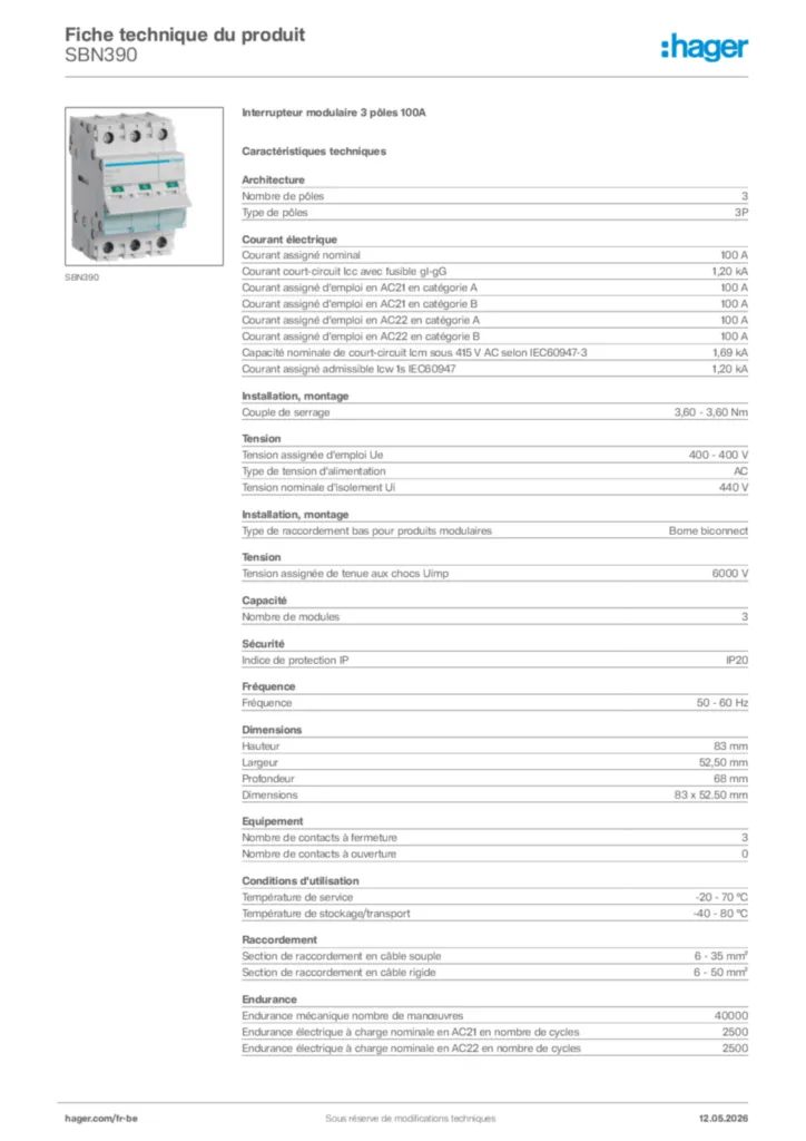 Image Hager Fiche technique du produit SBN390 | Hager Belgique