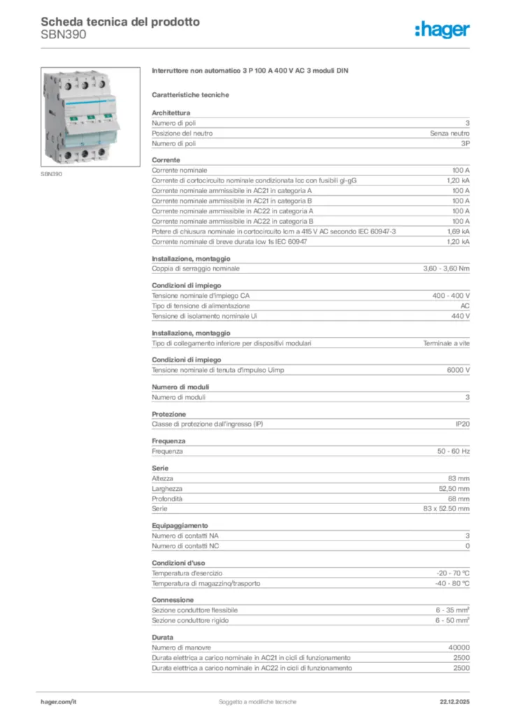 Immagine Hager Scheda tecnica del prodotto SBN390 | Hager Italia