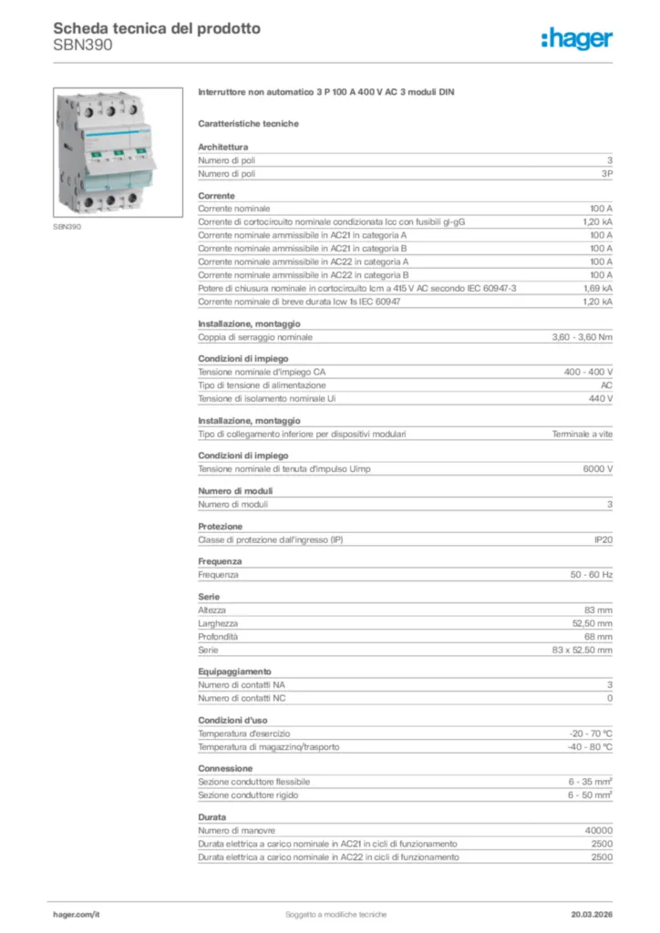 Immagine Hager Scheda tecnica del prodotto SBN390 | Hager Italia