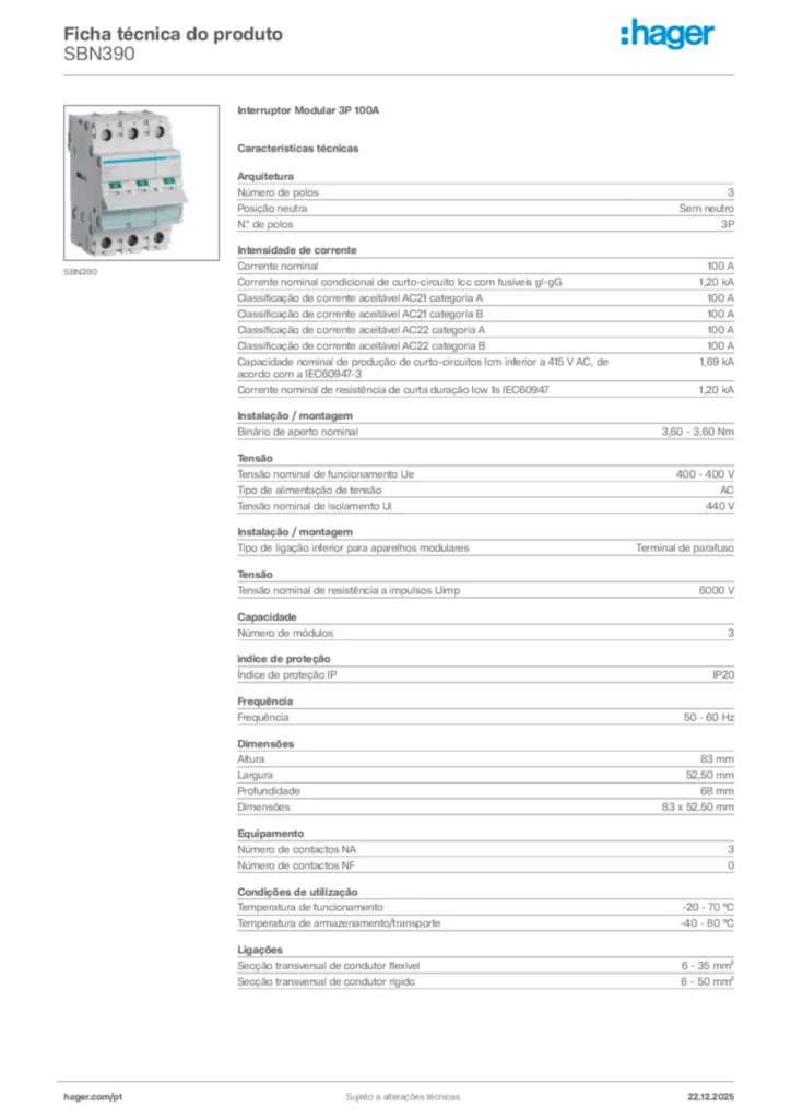 Imagem Hager Ficha técnica do produto SBN390 | Hager Portugal