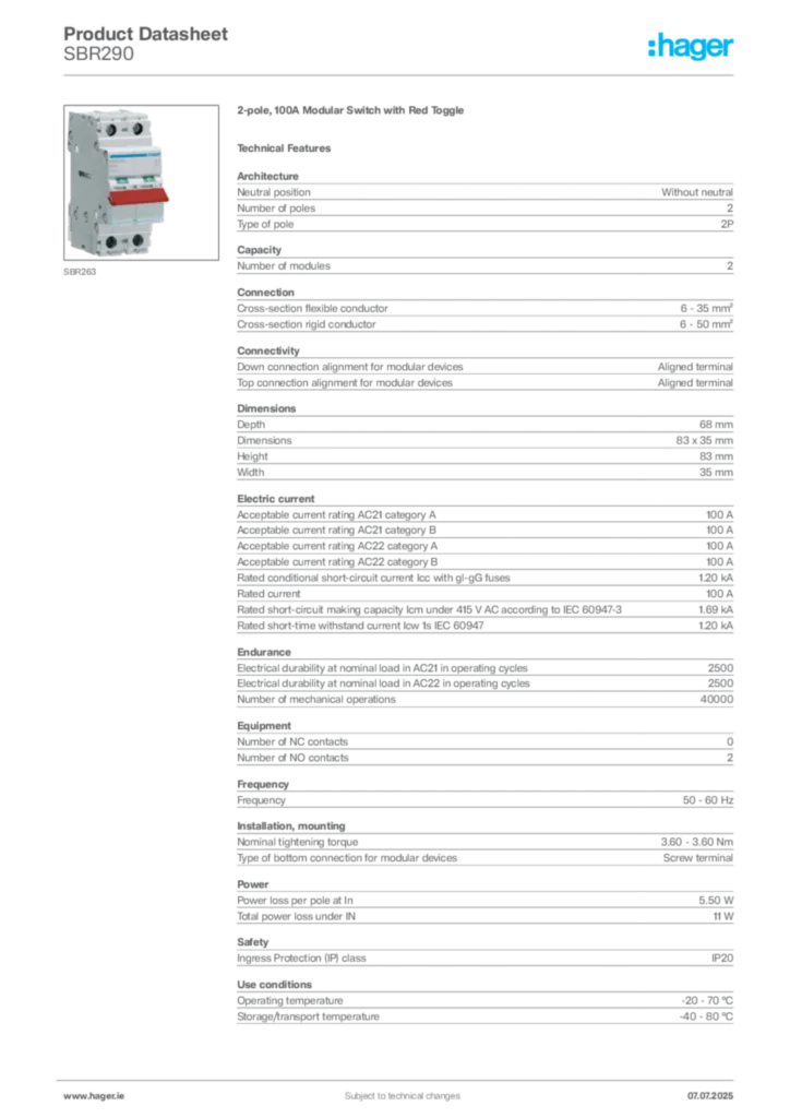 Image Hager Product data sheet SBR290  | Hager