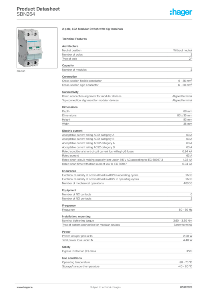 Image Hager Product data sheet SBN264  | Hager