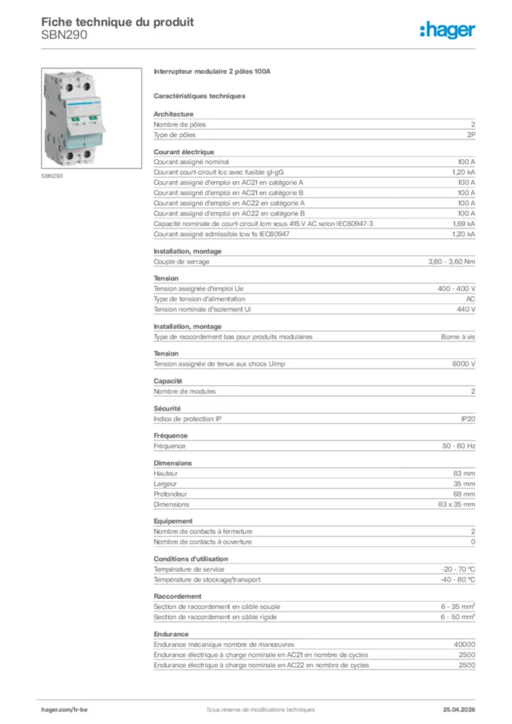 Image Hager Fiche technique du produit SBN290 | Hager Belgique