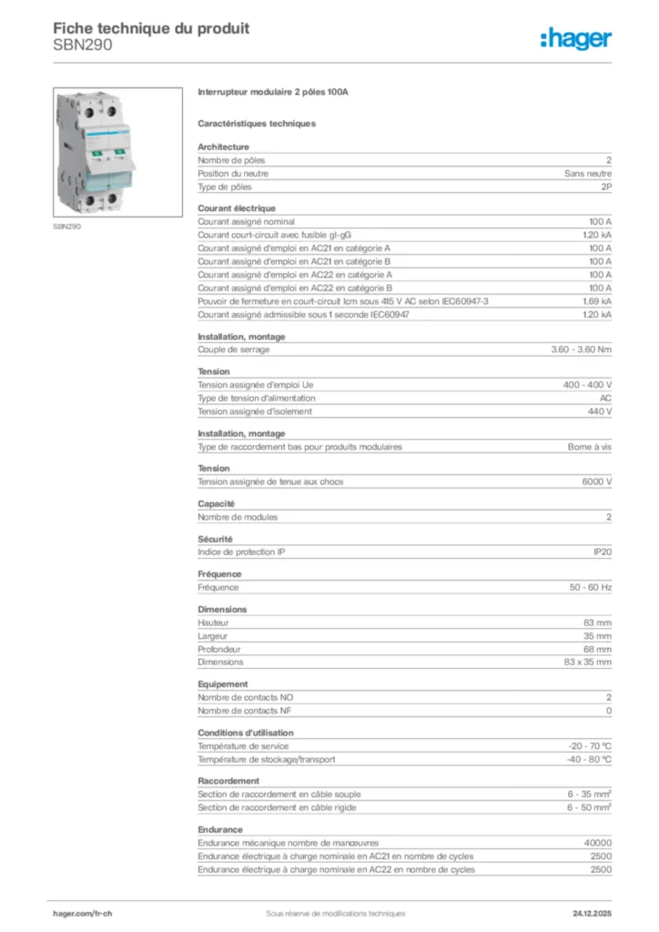Image Hager Fiche technique du produit SBN290 | Hager Suisse