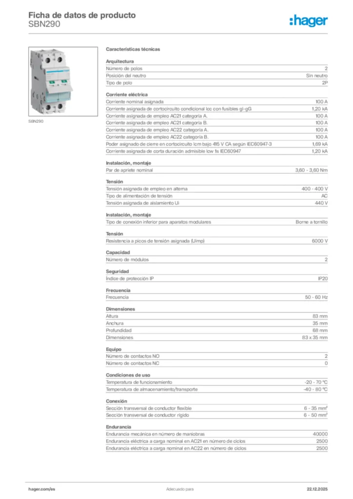 Imagen Hager Ficha de datos de producto SBN290 | Hager España