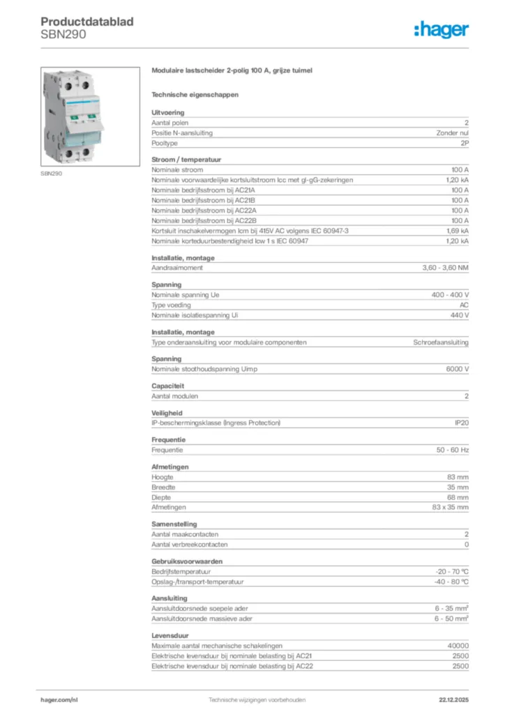 Afbeelding Hager Productdatablad SBN290 | Hager Nederland