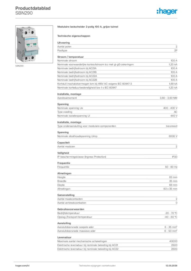 Afbeelding Hager Productdatablad SBN290 | Hager Nederland