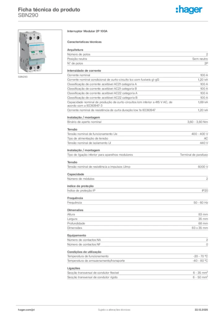 Imagem Hager Ficha técnica do produto SBN290 | Hager Portugal