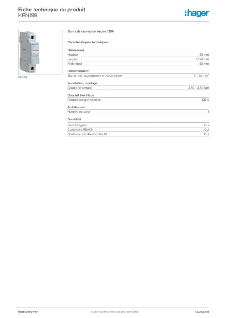 Image Hager Fiche technique du produit KRN199 | Hager Suisse
