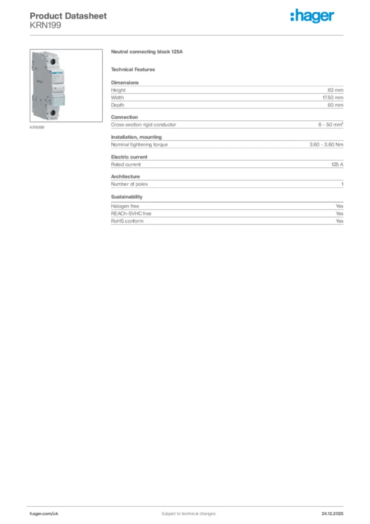 Image Hager Product data sheet KRN199  | Hager