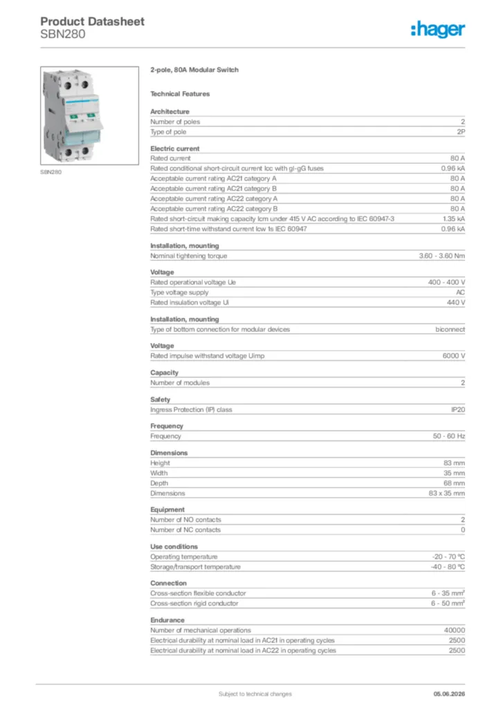 Image Hager Product data sheet SBN280  | Hager Africa