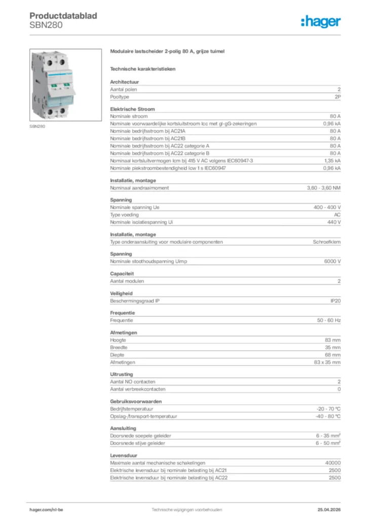 Afbeelding Hager Productdatablad SBN280 | Hager Belgium