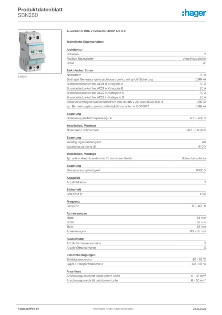 Bild Hager Produktdatenblatt SBN280 | Hager Schweiz