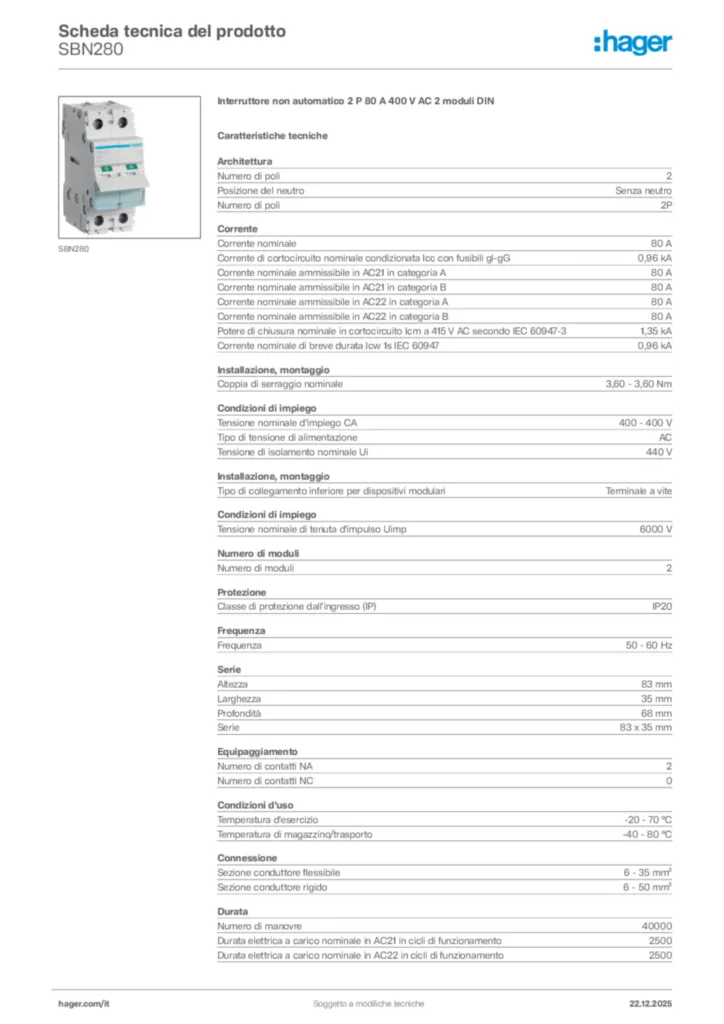 Immagine Hager Scheda tecnica del prodotto SBN280 | Hager Italia