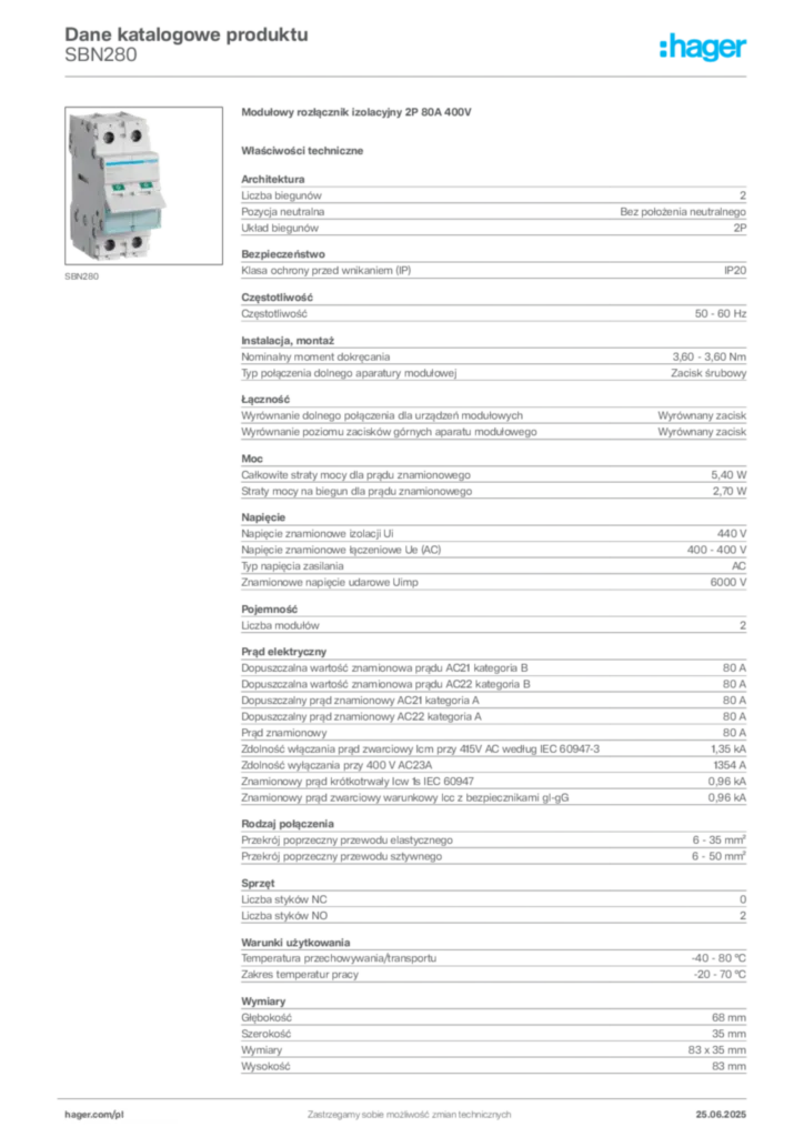 Zdjęcie Hager Dane katalogowe produktu SBN280 | Hager Polska