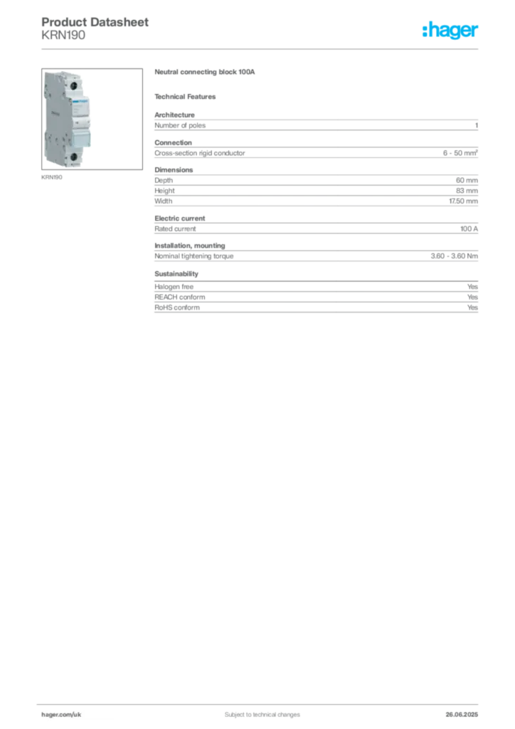 Image Hager Product data sheet KRN190  | Hager